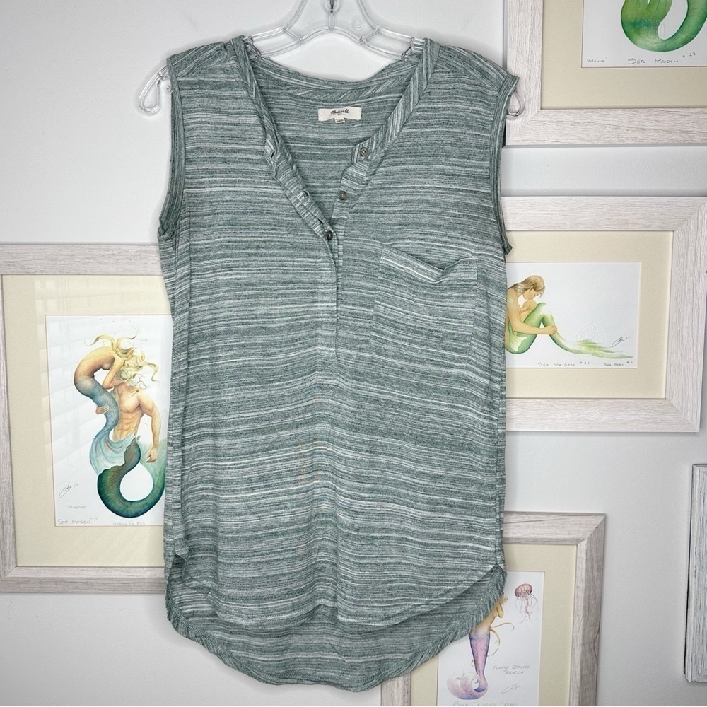 Madewell Green Striped Sleeveless Half Button Top Women’s Extra Small